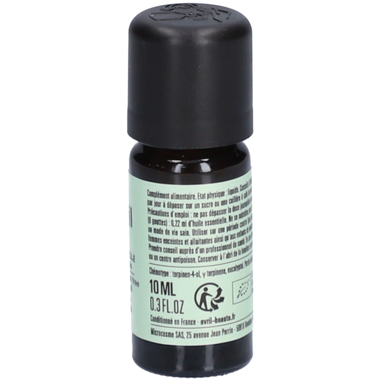 Flacon en verre brun avec bouchon noir. Inscription: avril, Huile essentielle tea tree bio, 10 ml.