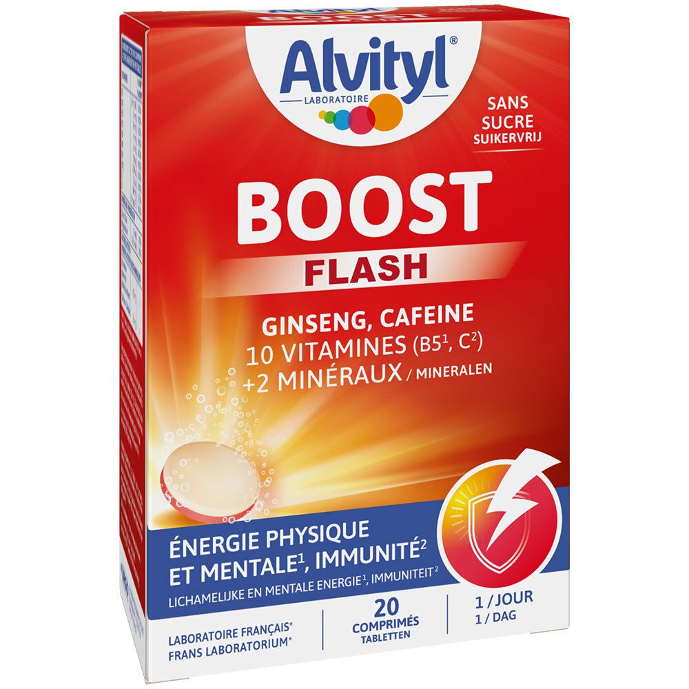 Boîte rouge Alvityl BOOST FLASH. Contient ginseng, caféine, vitamines et minéraux. 20 comprimés.