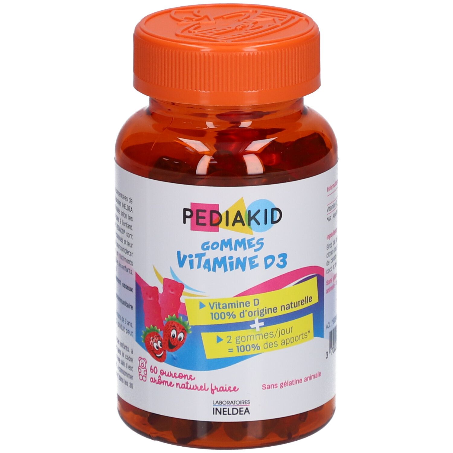 Flacon brun avec bouchon orange. Étiquette avec nom du produit et illustrations de fraises. Gommes à la vitamine D3.