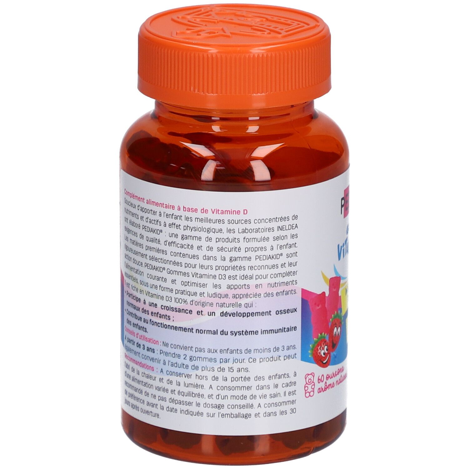 Flacon brun avec bouchon orange. Dos avec informations sur le produit. Contient de la vitamine D3. Pour enfants.