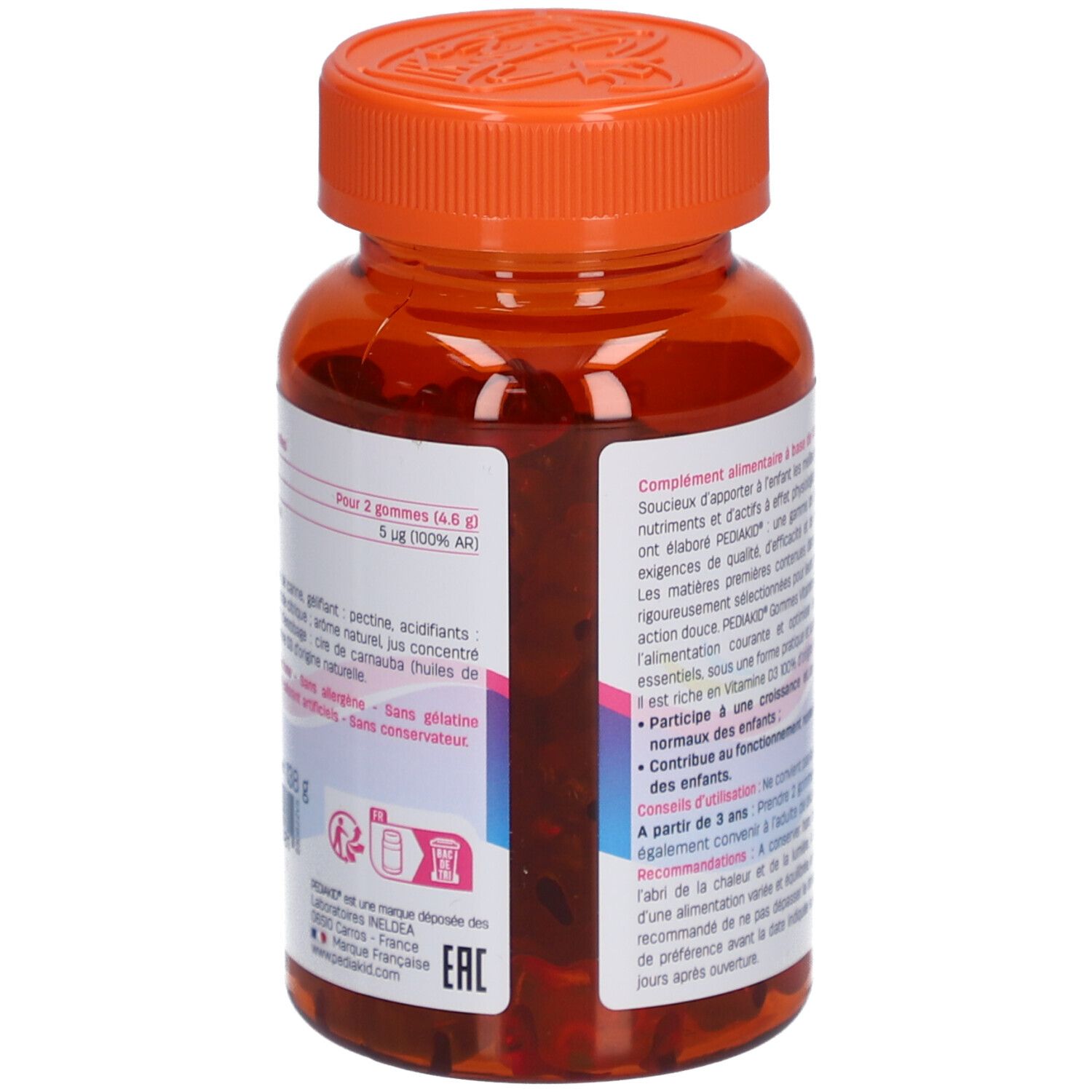 Flacon brun avec bouchon orange. Dos avec informations sur le produit. Contient de la vitamine D3. Pour enfants.