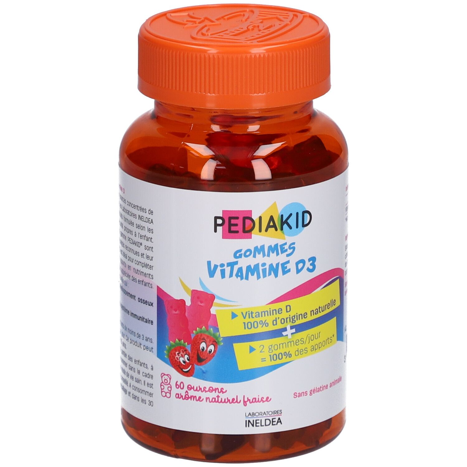 Flacon brun avec bouchon orange. Dos avec informations sur le produit. Contient de la vitamine D3. Pour enfants.