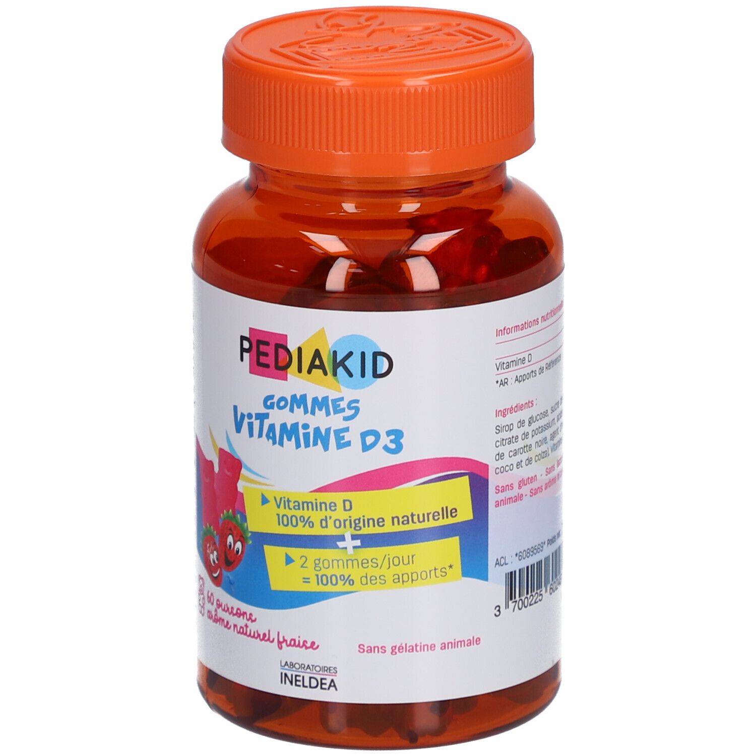 Flacon brun avec bouchon orange. Étiquette avec informations sur le produit. Contient de la vitamine D3. Pour enfants.