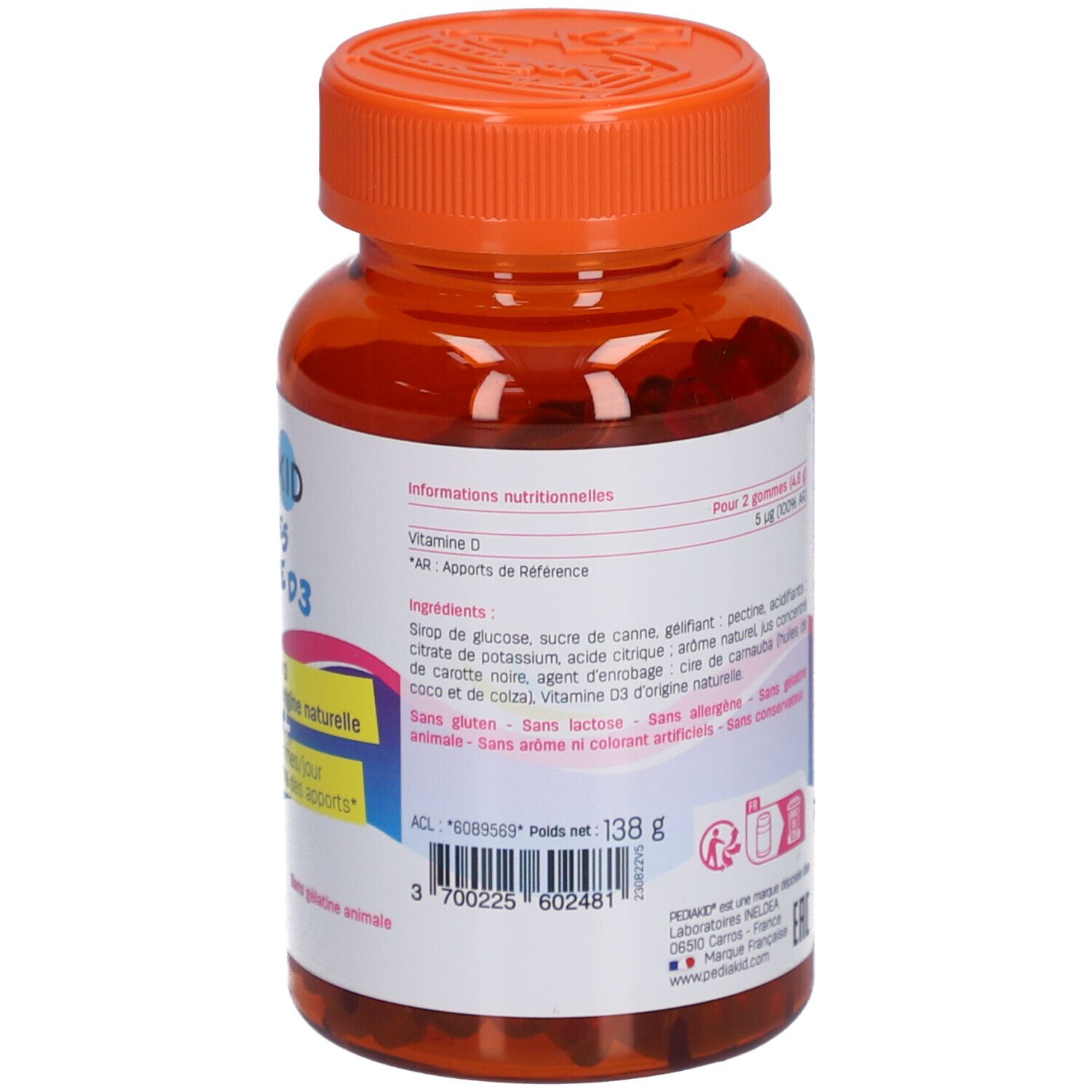 Flacon brun avec bouchon orange. Étiquette avec informations sur le produit. Contient de la vitamine D3. Pour enfants.