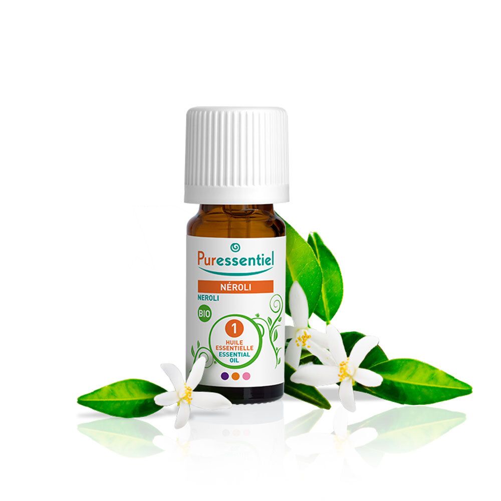 Flacon brun, bouchon blanc, entouré de fleurs et feuilles. Inscription: Néroli, BIO, 1.
