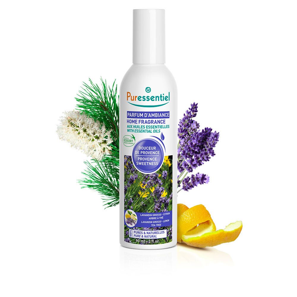 Spray Puressentiel avec lavande, citron, thé. Flacon avec plantes. Parfum Douceur de Provence, huiles essentielles.