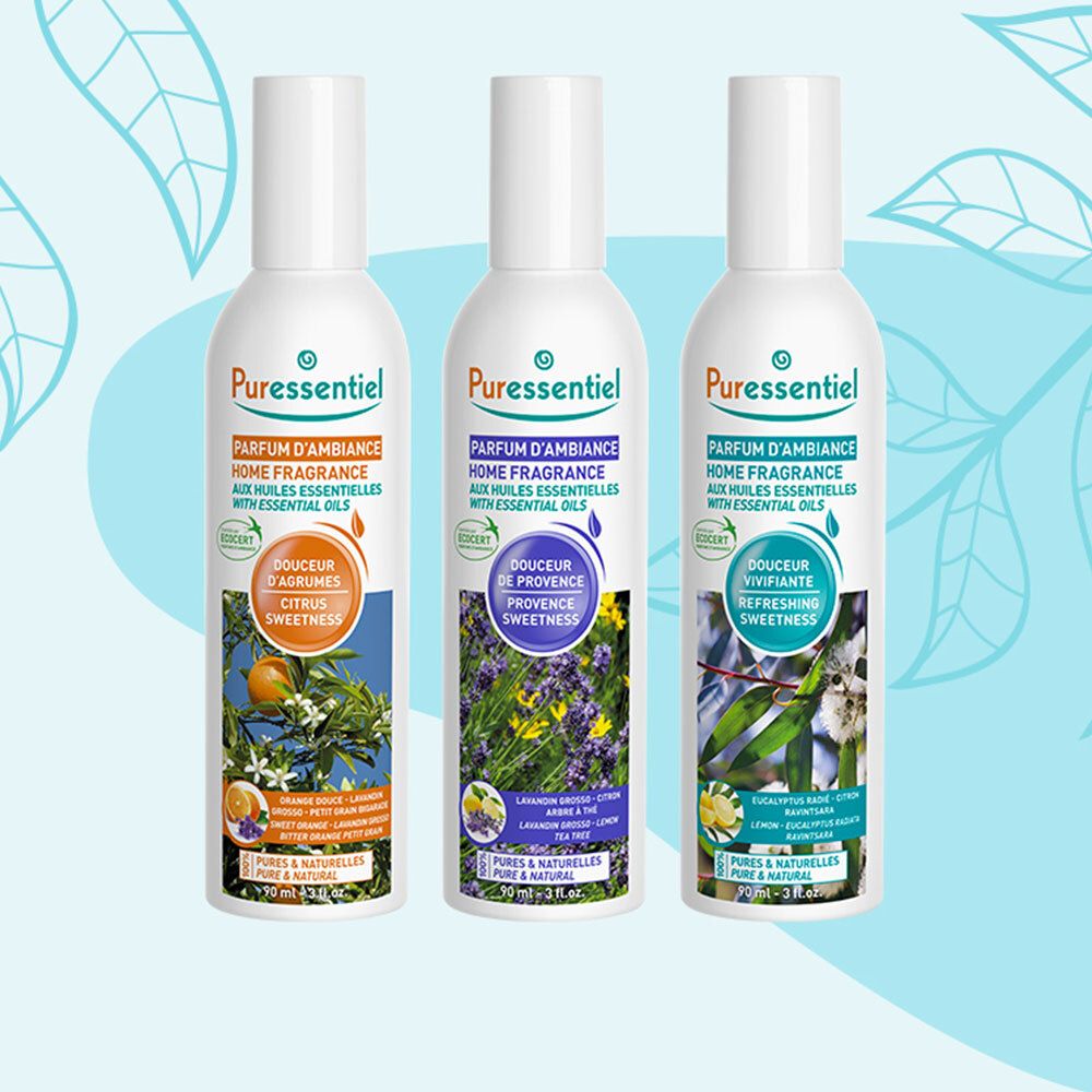 Trois sprays Puressentiel. Orange, lavande, eucalyptus. Parfum d'ambiance, huiles essentielles.