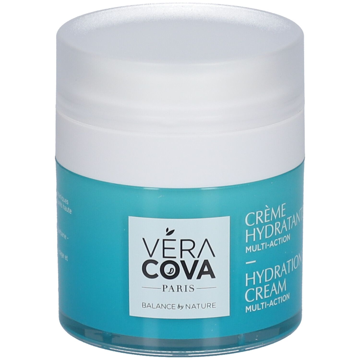 Pot turquoise avec couvercle blanc. Étiquette avec nom du produit et texte. "Crème Hydratante Multi-Action".