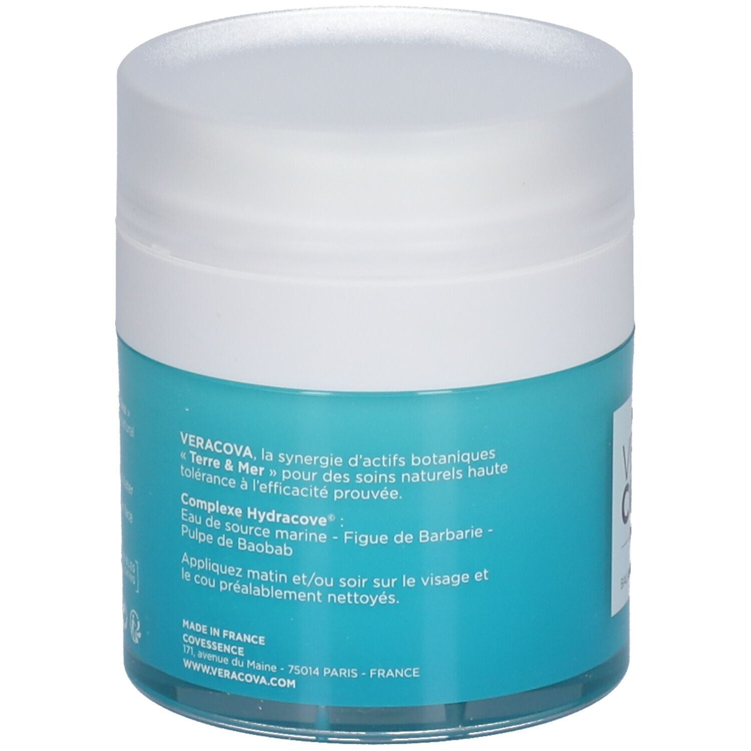 Dos d'un pot turquoise avec couvercle blanc. Informations textuelles et ingrédients. Fabriqué en France.
