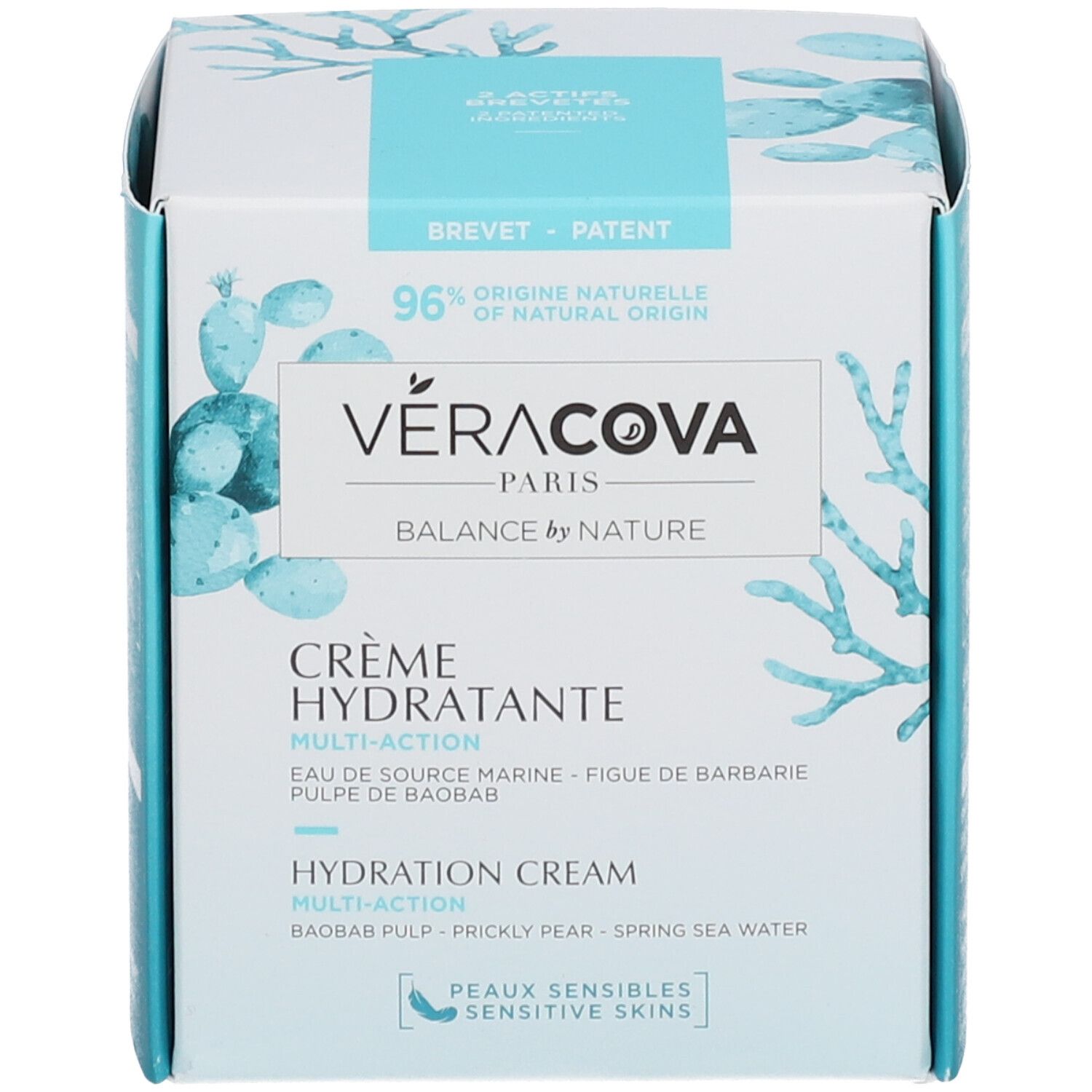 Emballage en carton avec nom du produit et illustrations. "Crème Hydratante Multi-Action". 96% d'origine naturelle.