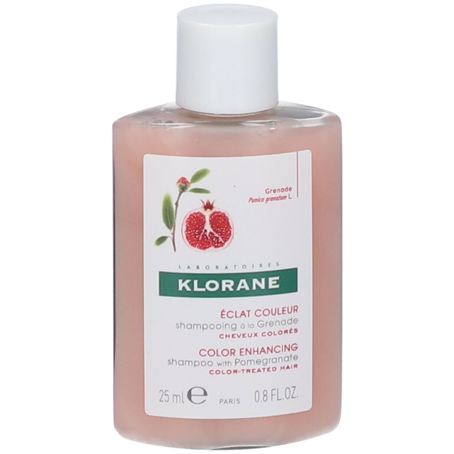 Flacon de shampooing KLORANE à la grenade. Liquide rose, bouchon blanc. Étiquette avec illustration de grenade et nom du produit.