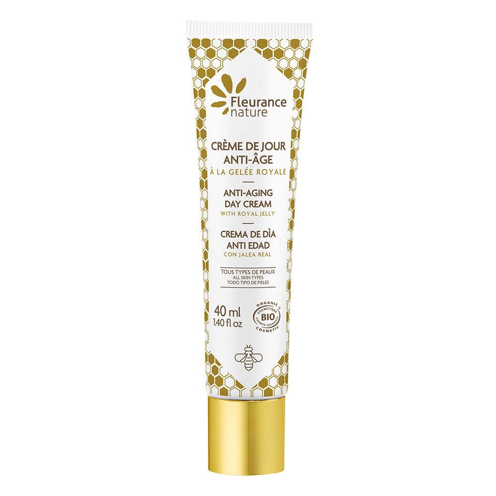 Tube de crème FLEURANCE nature, Crème de Jour Anti-Âge, 40 ml. Motif nid d'abeilles et bouchon doré.