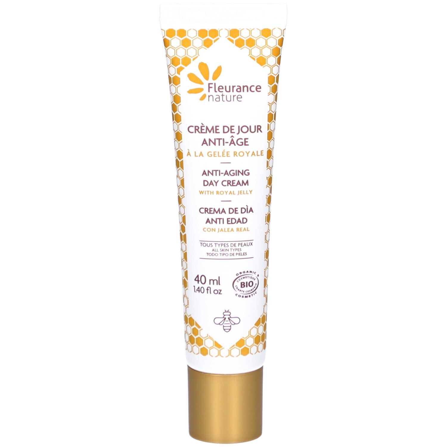 Tube de crème avec bouchon doré. Inscription: Crème de Jour Anti-Âge à la Gelée Royale. 40 ml.