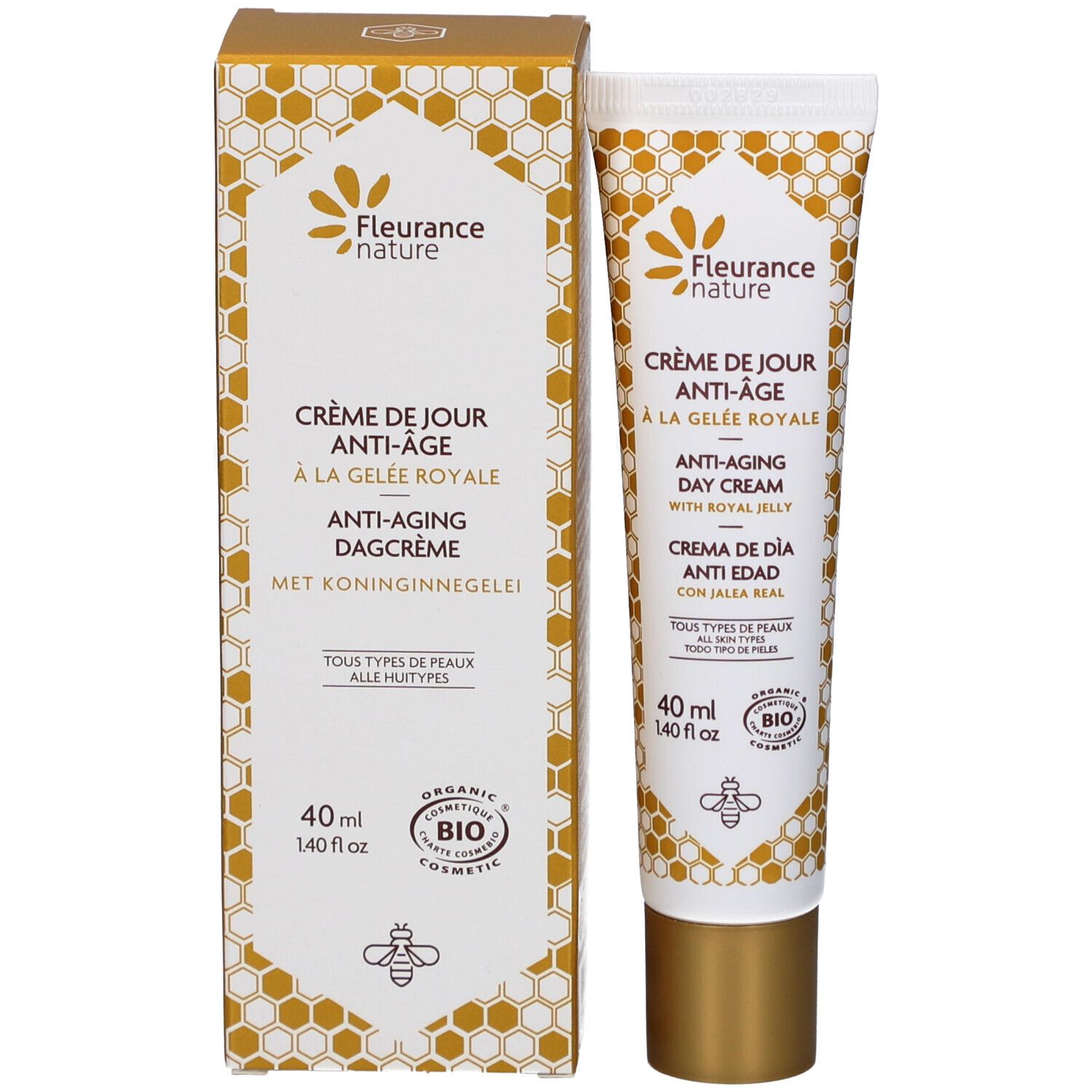 Emballage du produit avec tube de crème. Inscription: Crème de Jour Anti-Âge à la Gelée Royale. 40 ml. Label bio.