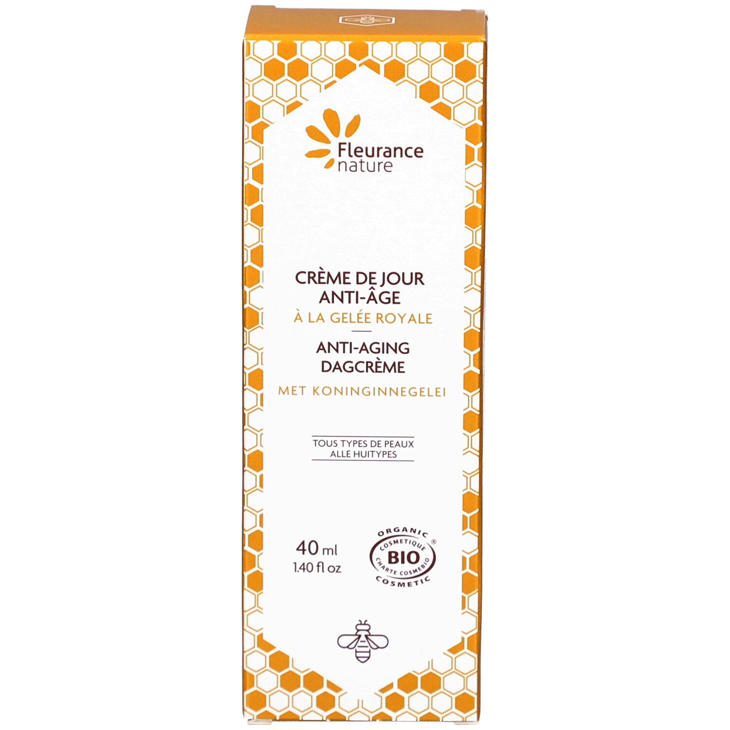 Emballage du produit. Inscription: Crème de Jour Anti-Âge à la Gelée Royale. 40 ml. Label bio.