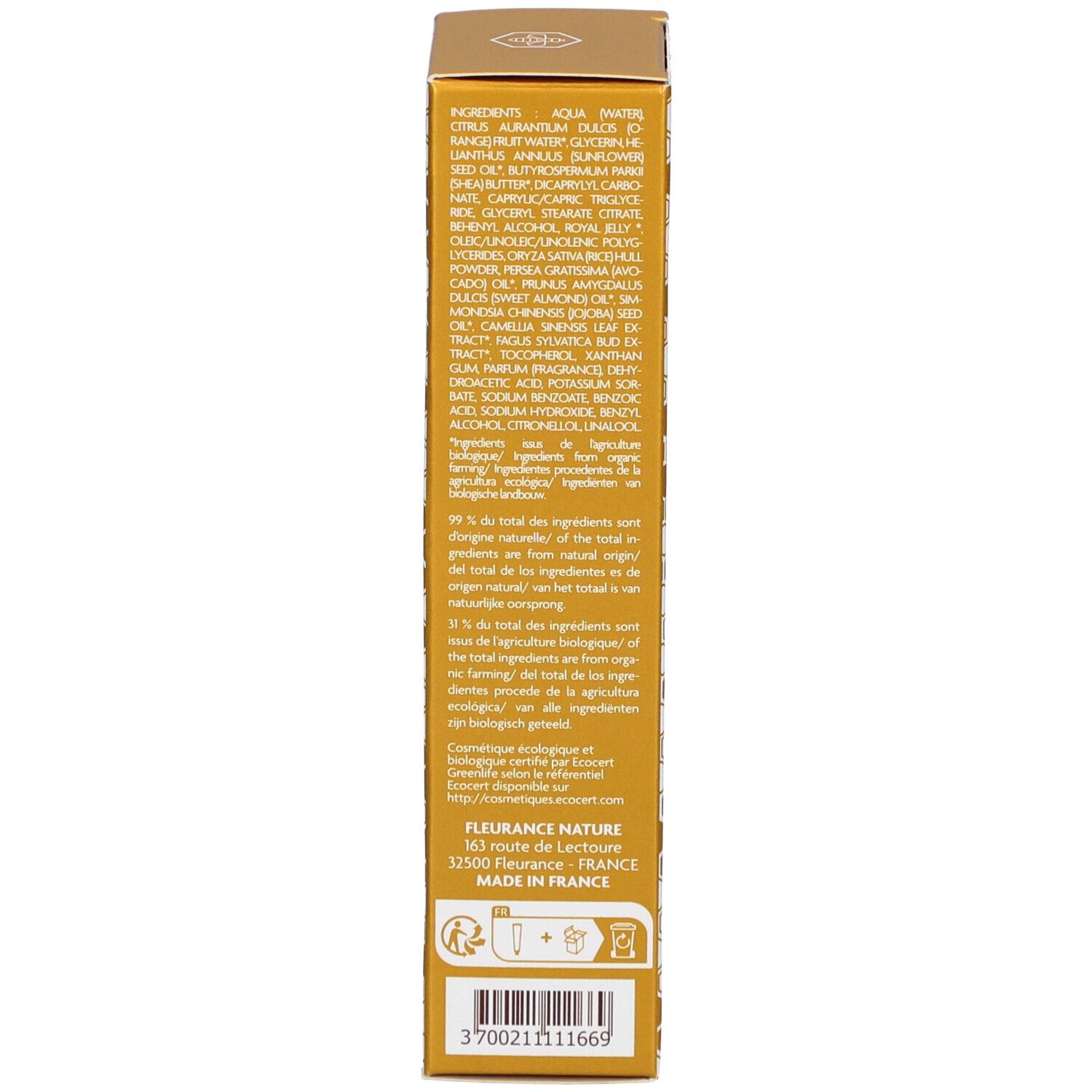 Côté de l'emballage du produit. Texte: ingrédients, adresse du fabricant, consignes de recyclage.