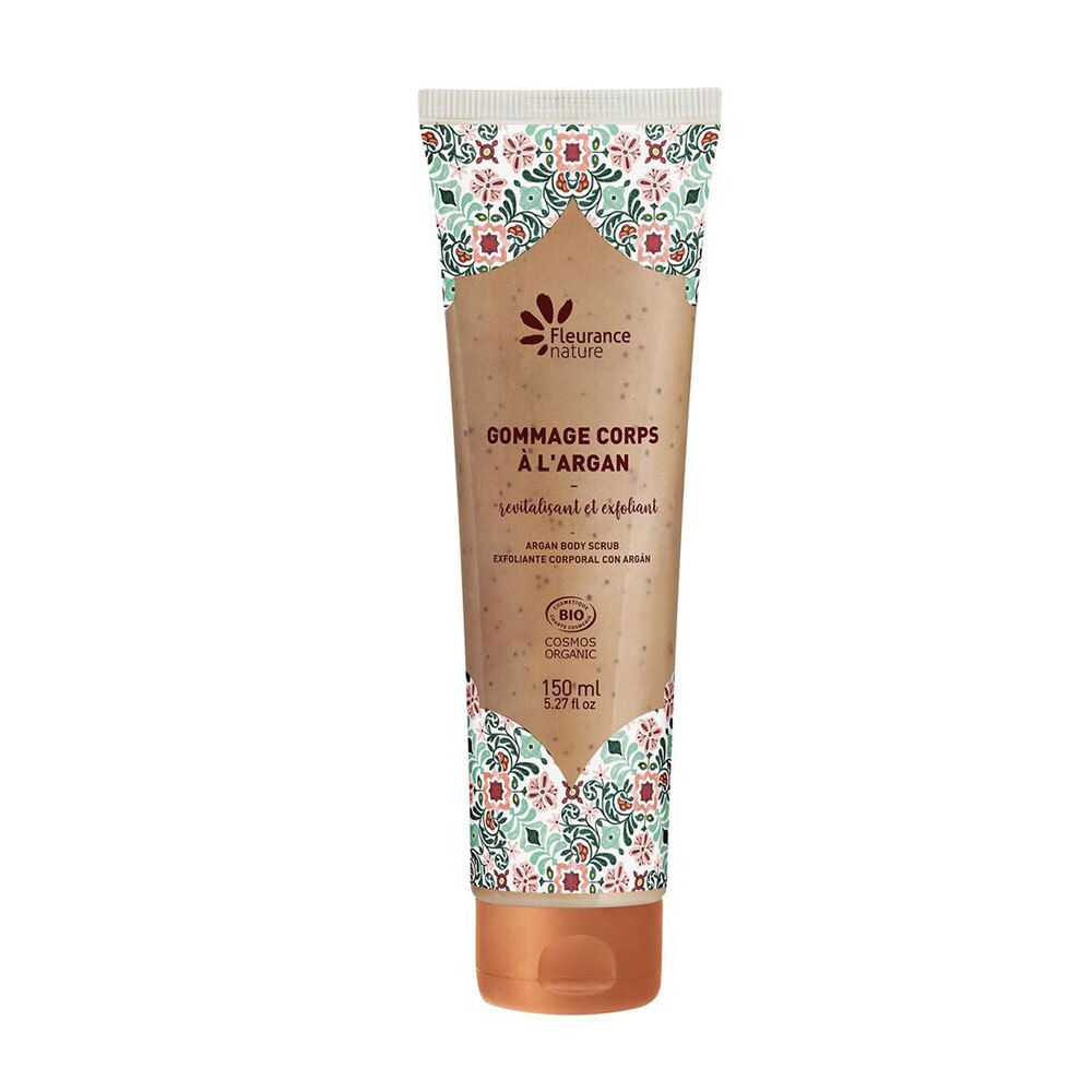 Tube beige avec motif floral. Inscription: Gommage Corps à l'Argan, revitalisant et exfoliant. Certification bio. 150 ml.