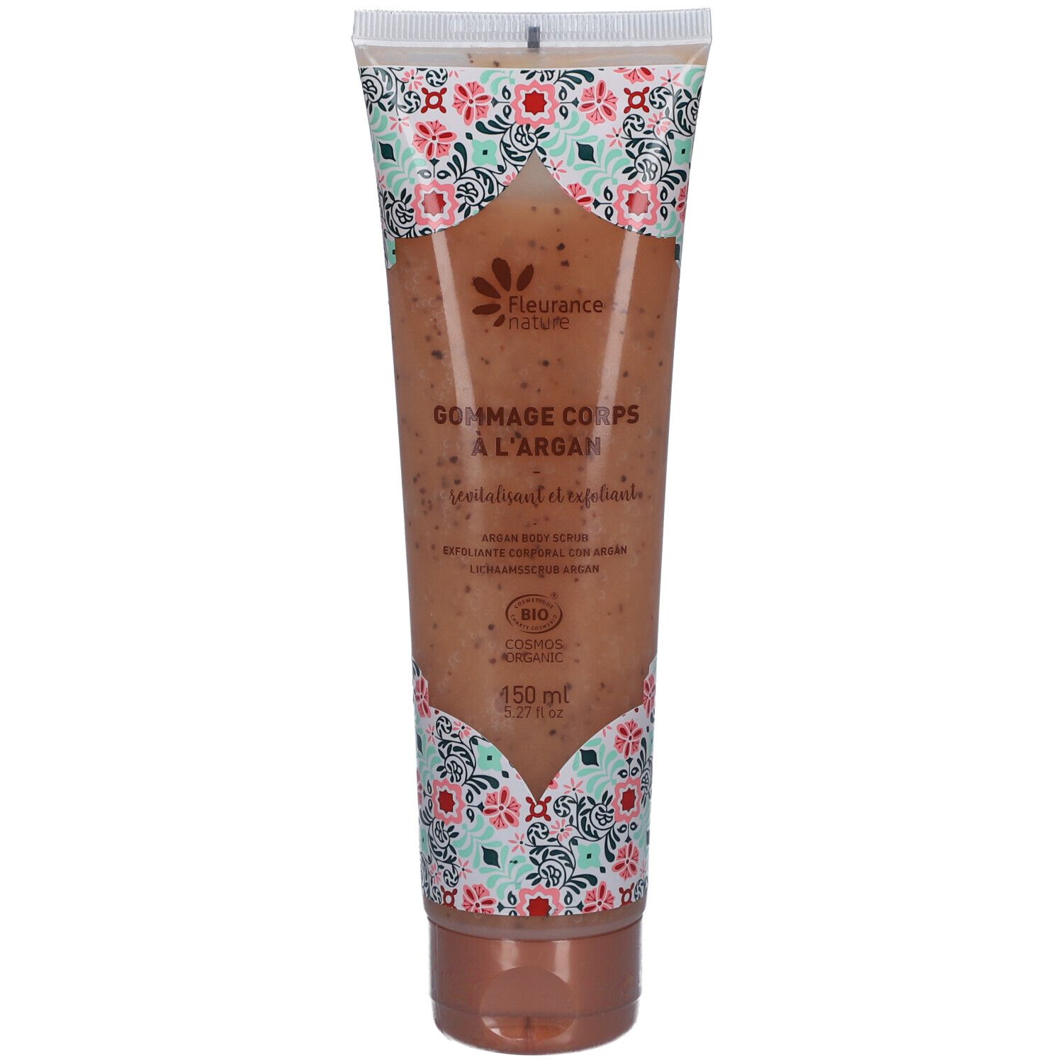 Tube de gommage corporel à l'Argan. Motif floral, contenu brun visible. Certification bio.