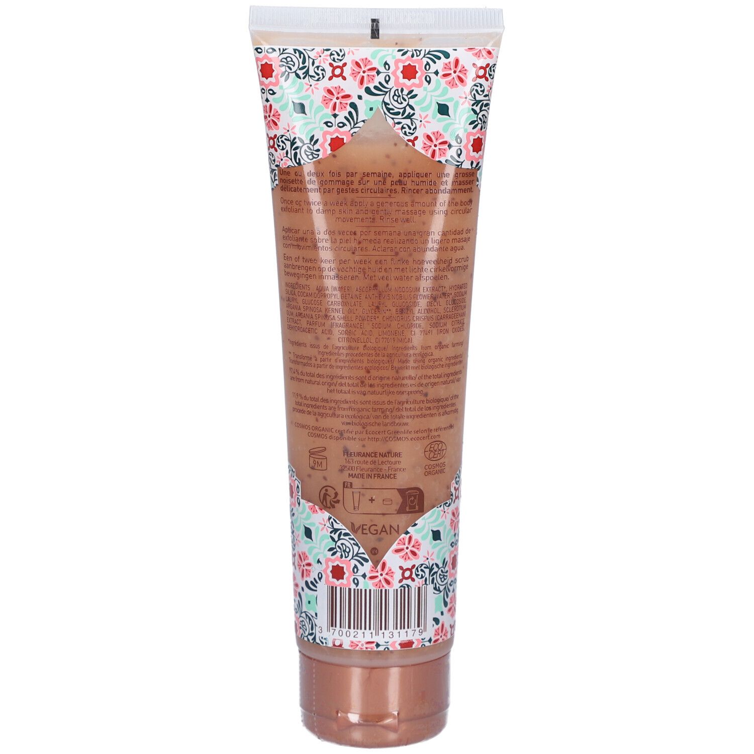 Dos du tube de gommage corporel à l'Argan. Texte, code-barres, logo vegan.