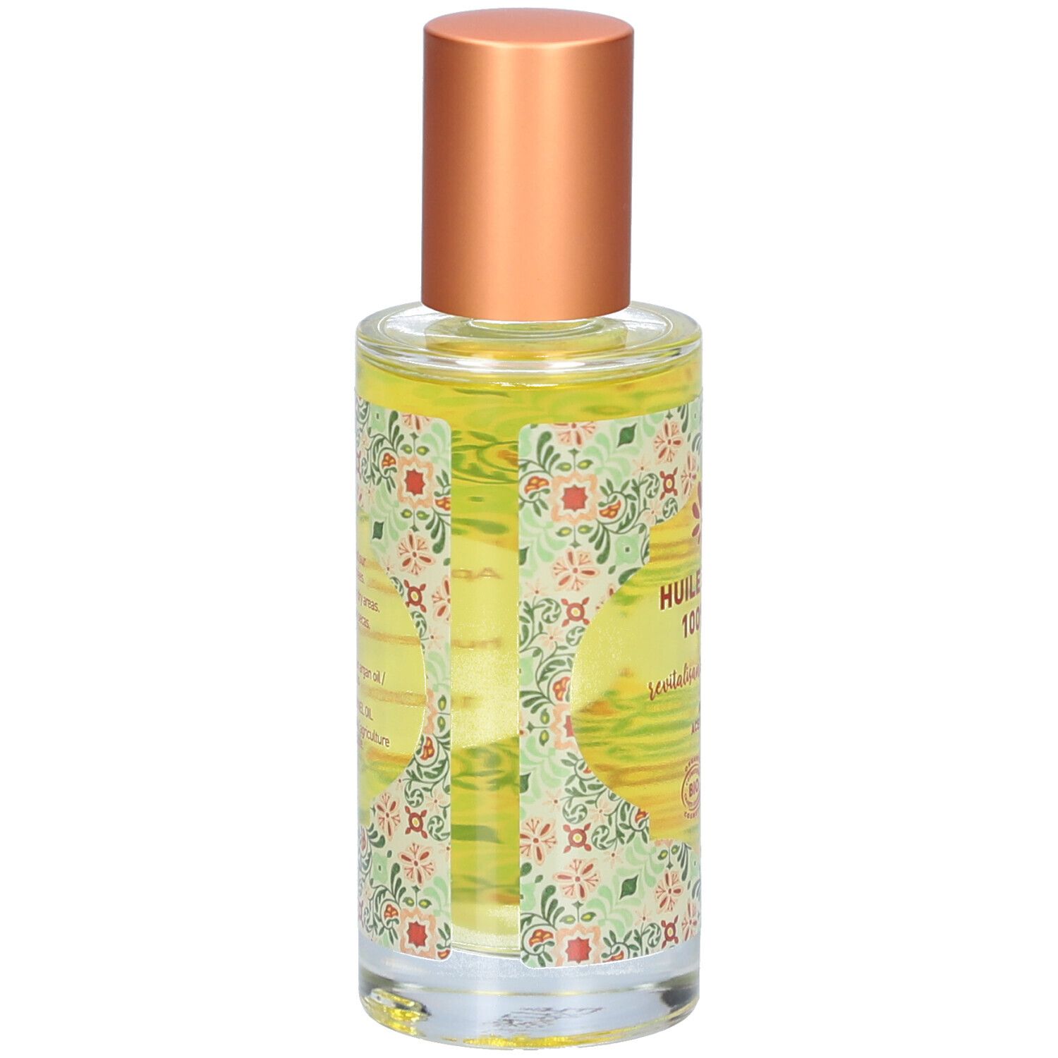 Flacon d'huile d'Argan 100% Pure, bouchon doré. Label bio. Inscription revitalisante et régénérante.