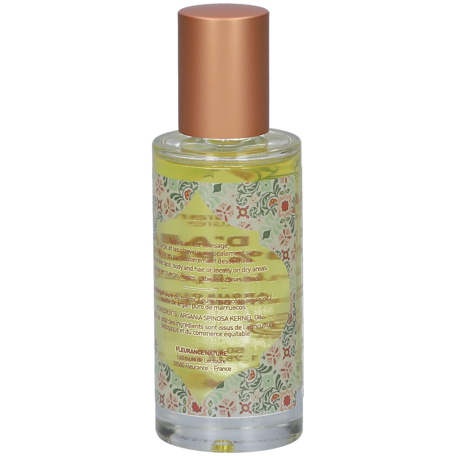 Flacon d'huile d'Argan 100% Pure, bouchon doré. Label bio. Inscription revitalisante et régénérante.