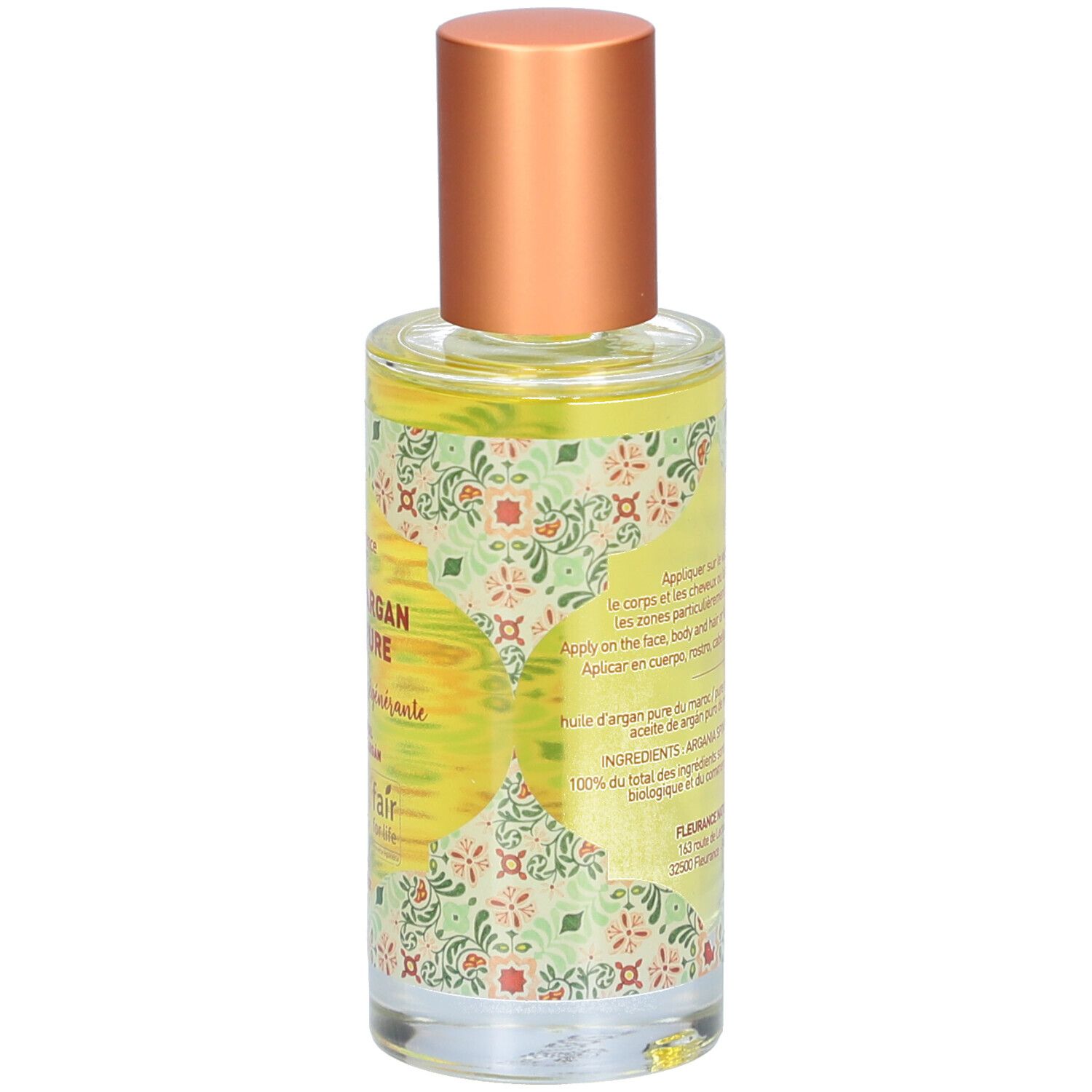 Flacon d'huile d'Argan 100% Pure, bouchon doré. Label bio. Inscription revitalisante et régénérante.