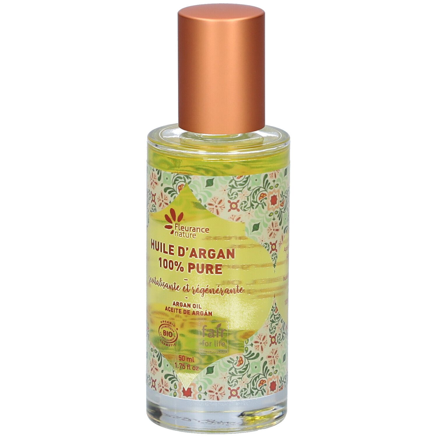 Flacon d'huile d'Argan 100% Pure, bouchon doré. Label bio. Inscription revitalisante et régénérante.