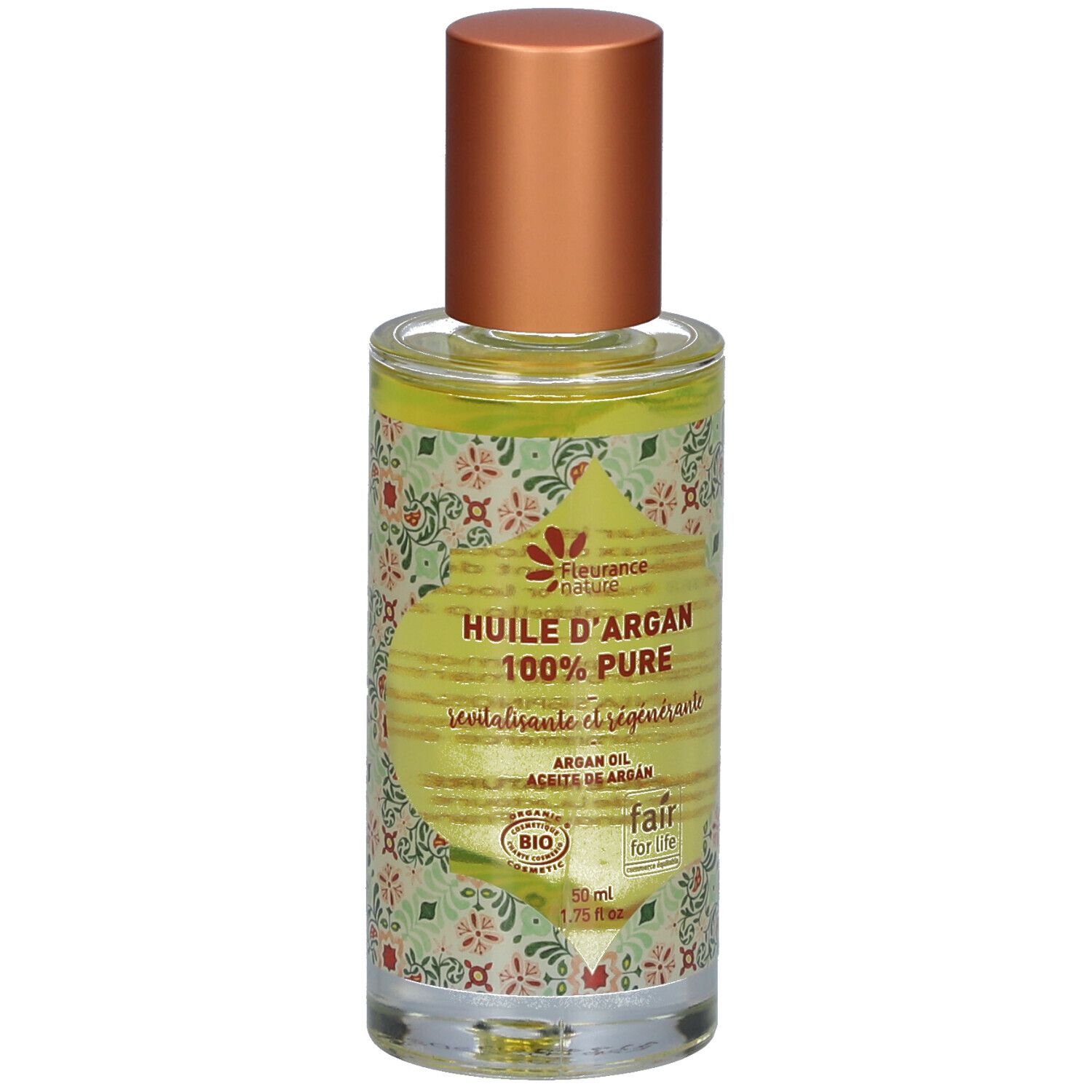 Flacon d'huile d'Argan 100% Pure, bouchon doré. Label bio. Inscription revitalisante et régénérante.