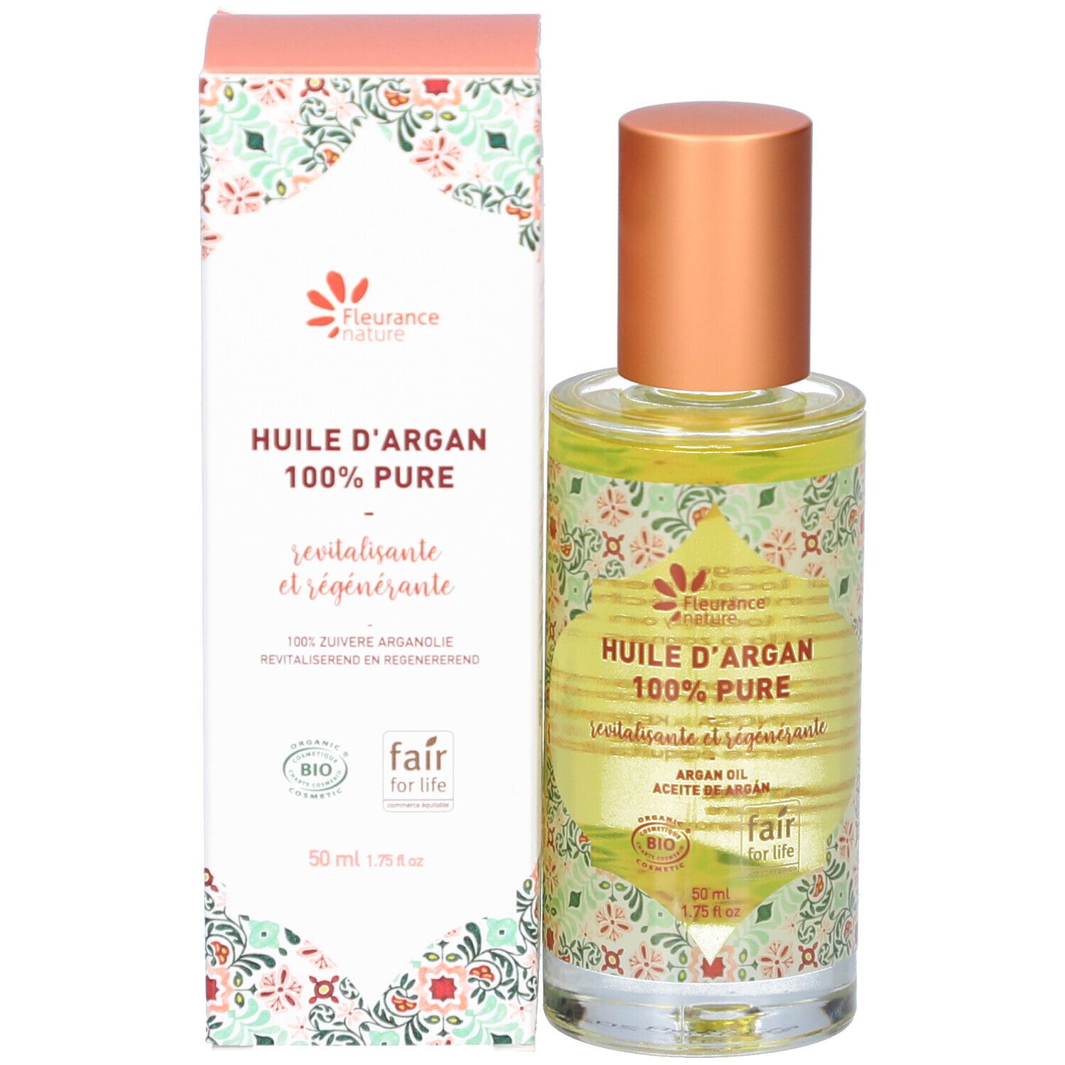 Flacon d'huile d'Argan 100% Pure et emballage. Bouchon doré. Label bio. Inscription revitalisante.