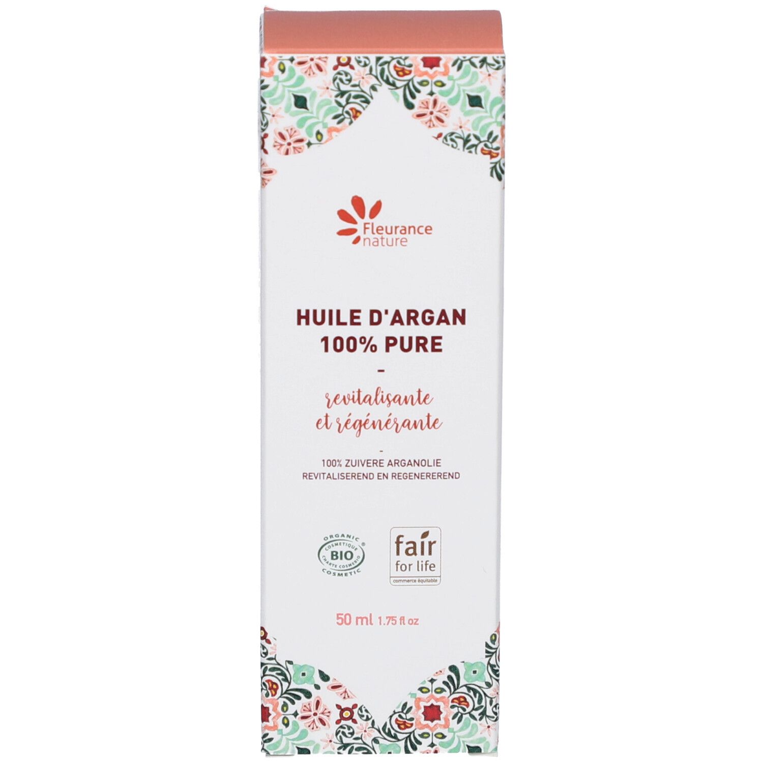 Emballage avec inscription: Huile d'Argan 100% Pure. Label bio. Texte: revitalisante et régénérante.