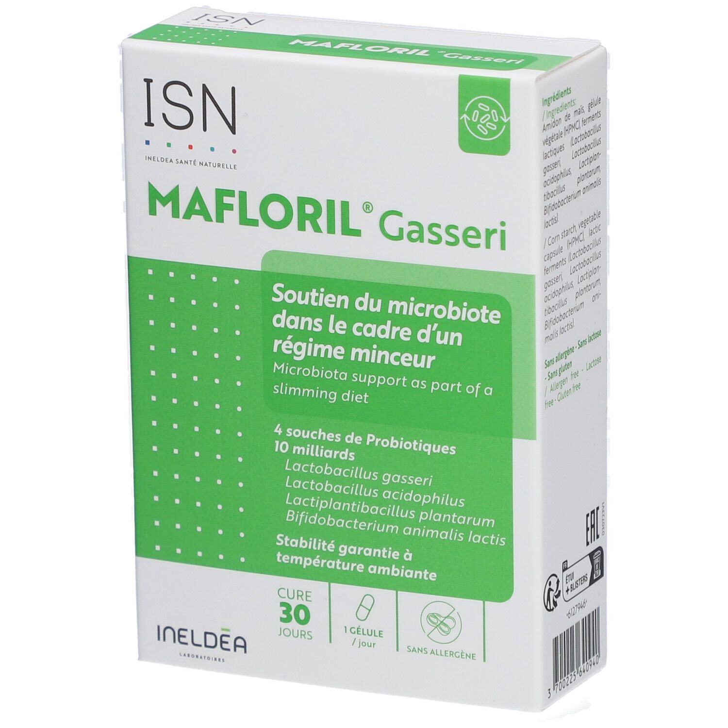 Boîte ISN Mafloril Gasseri. Microbiote et régime minceur. 4 souches de probiotiques. Cure 30 jours.