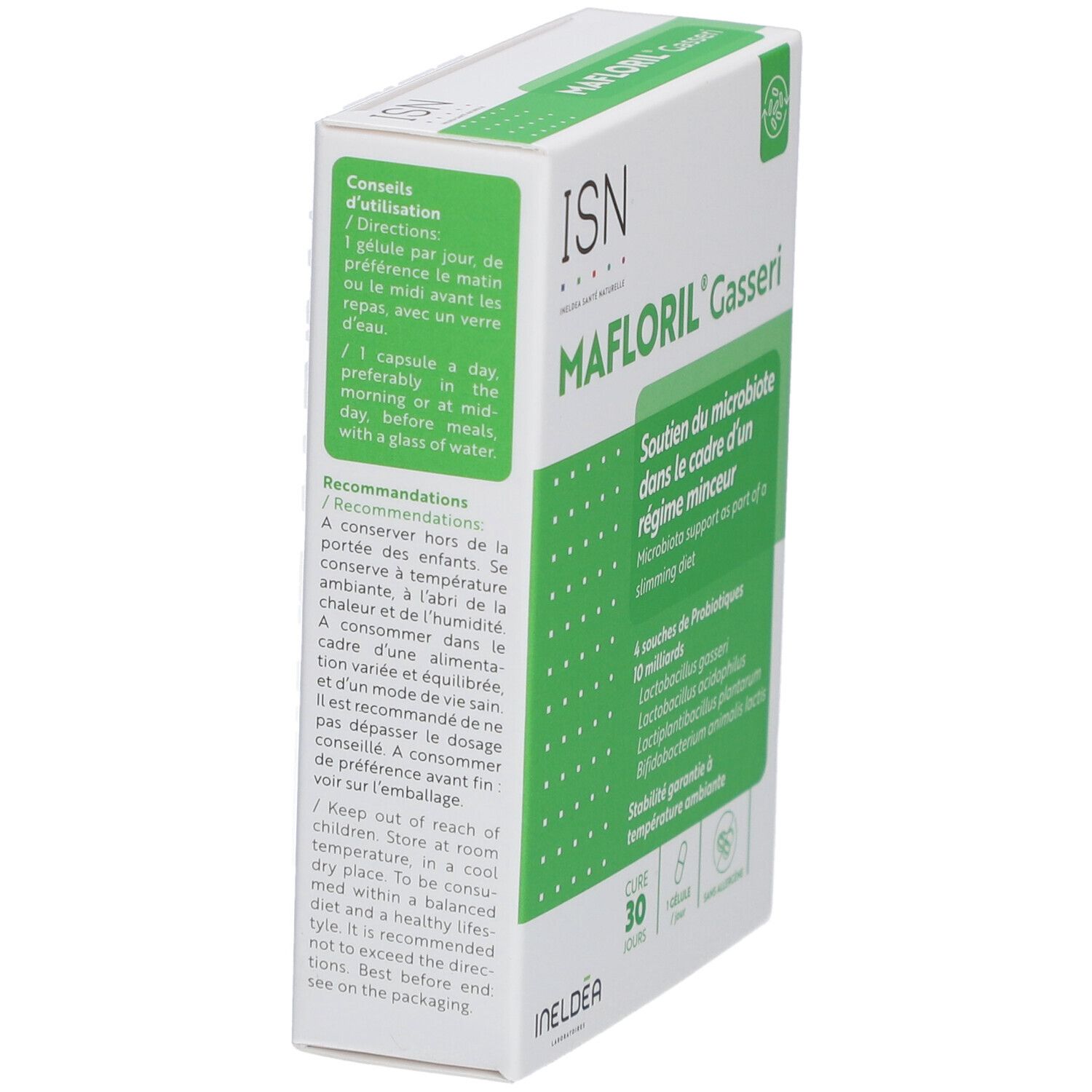 Boîte ISN Mafloril Gasseri. Microbiote et régime minceur. 4 souches de probiotiques. Cure 30 jours.