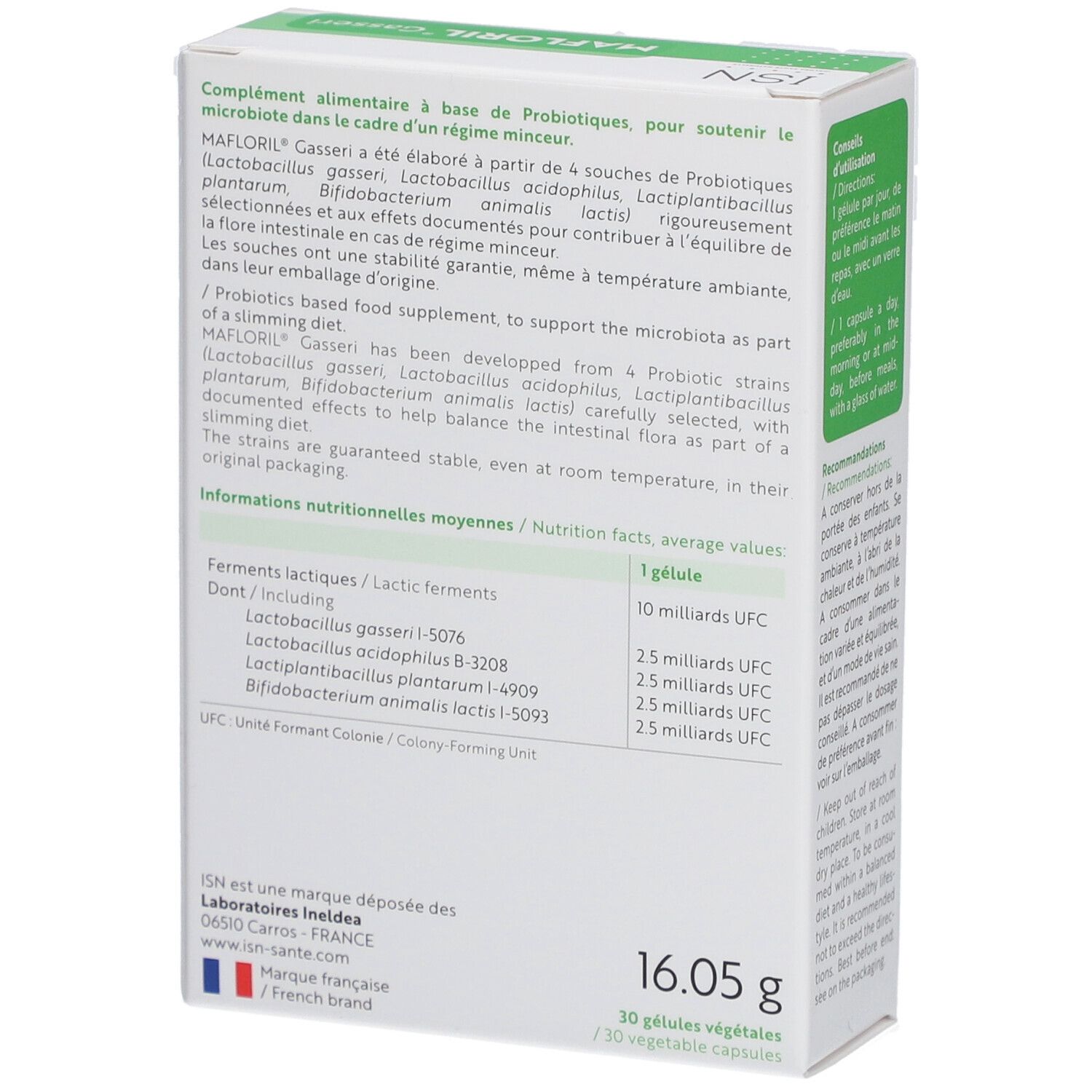 Dos de la boîte ISN Mafloril Gasseri. Ingrédients, informations nutritionnelles, 30 gélules.