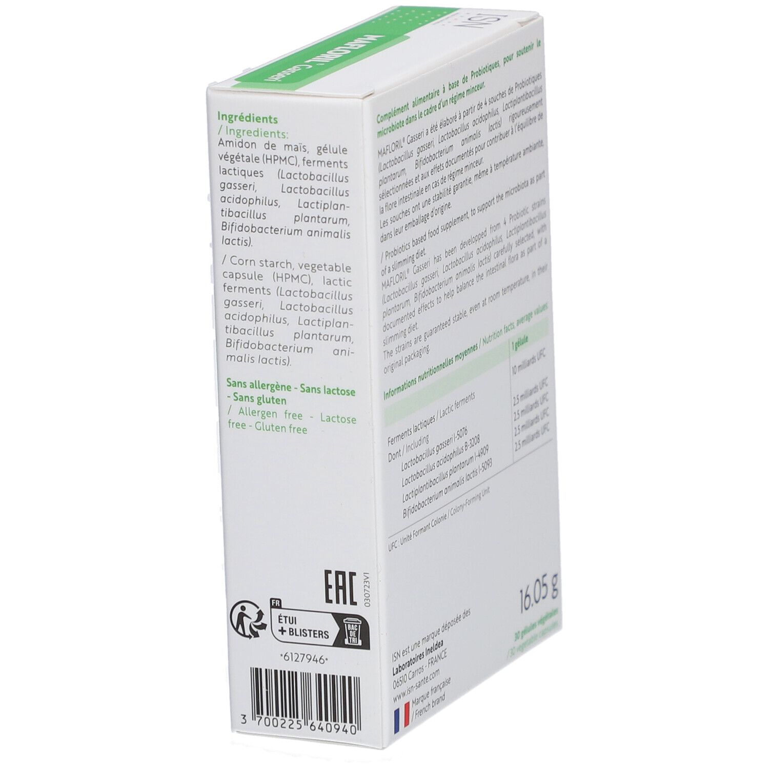 Dos boîte ISN Mafloril Gasseri. Ingrédients, sans gluten, sans lactose, 16.05g.