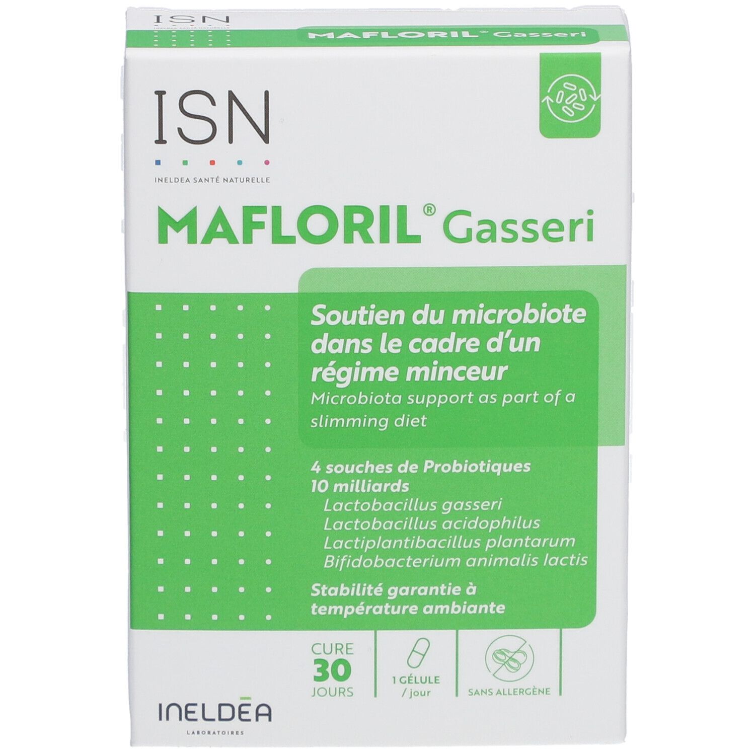 Boîte ISN Mafloril Gasseri. Microbiote et régime minceur. 4 souches de probiotiques. Cure 30 jours.
