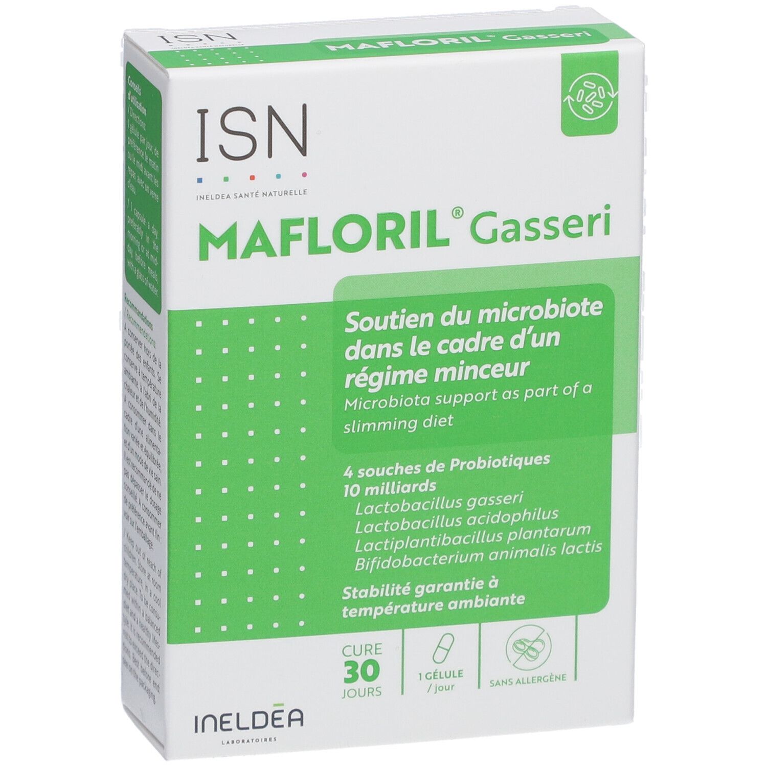 Boîte ISN Mafloril Gasseri. Microbiote et régime minceur. 4 souches de probiotiques. Cure 30 jours.