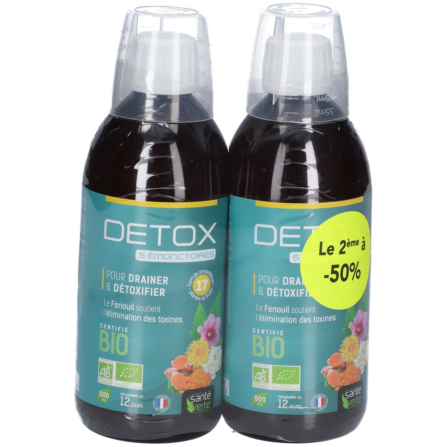 Deux flacons DETOX, étiquettes vertes, autocollant jaune -50%. Certification Bio, illustration florale.