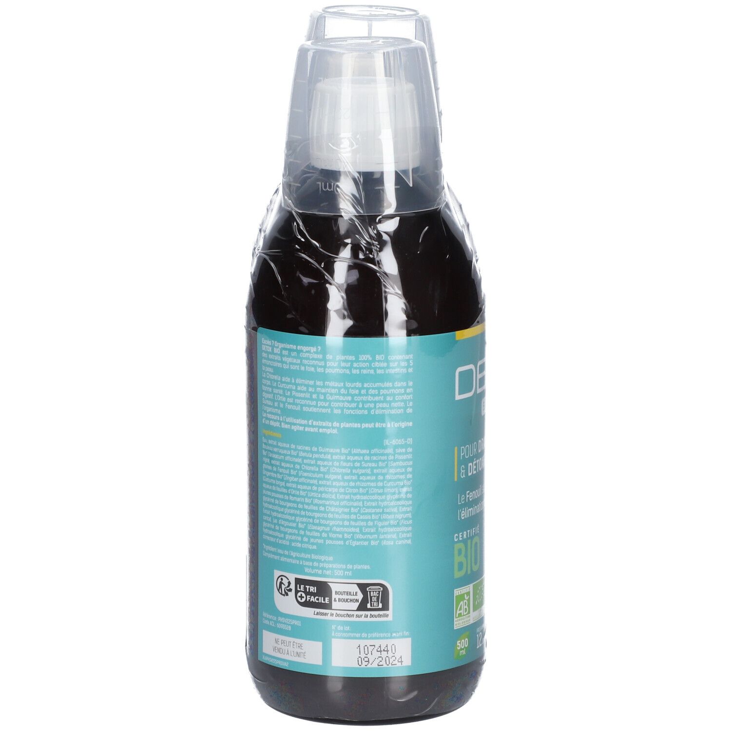 Deux flacons DETOX emballés sous film. Dos avec texte et certification Bio. Étiquette avec informations.