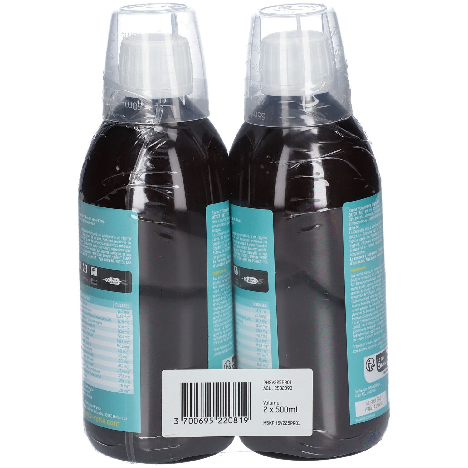 Deux flacons DETOX, dos avec code-barres et informations. Emballés sous film.