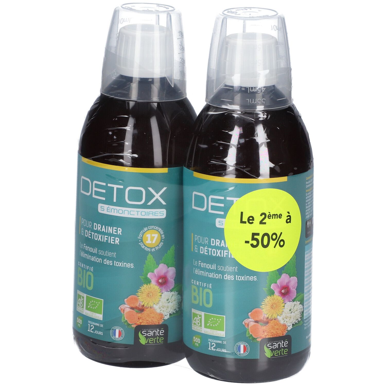 Deux flacons DETOX, étiquettes vertes, autocollant jaune -50%. Certification Bio, illustration florale.
