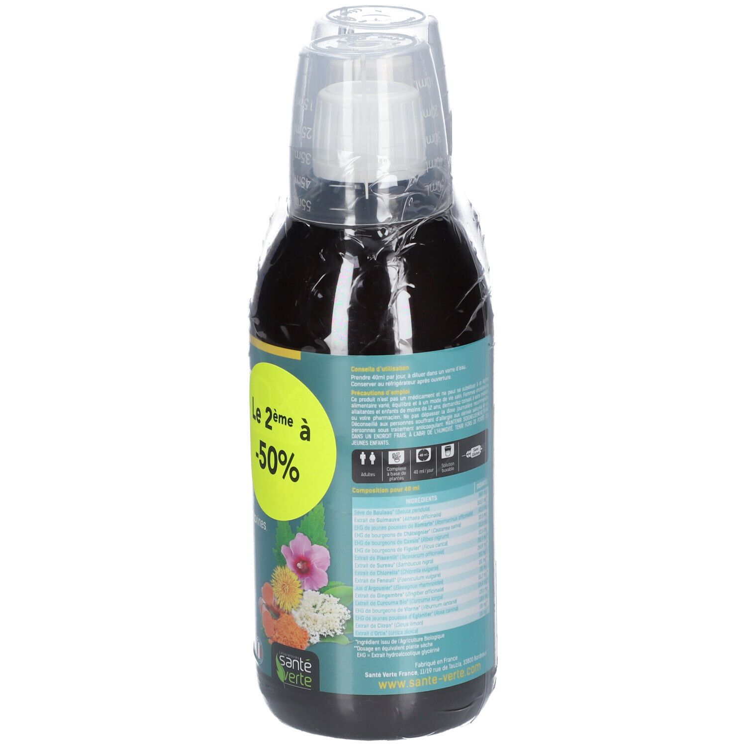 Deux flacons DETOX emballés sous film. Dos avec texte, autocollant jaune -50%. Certification Bio.