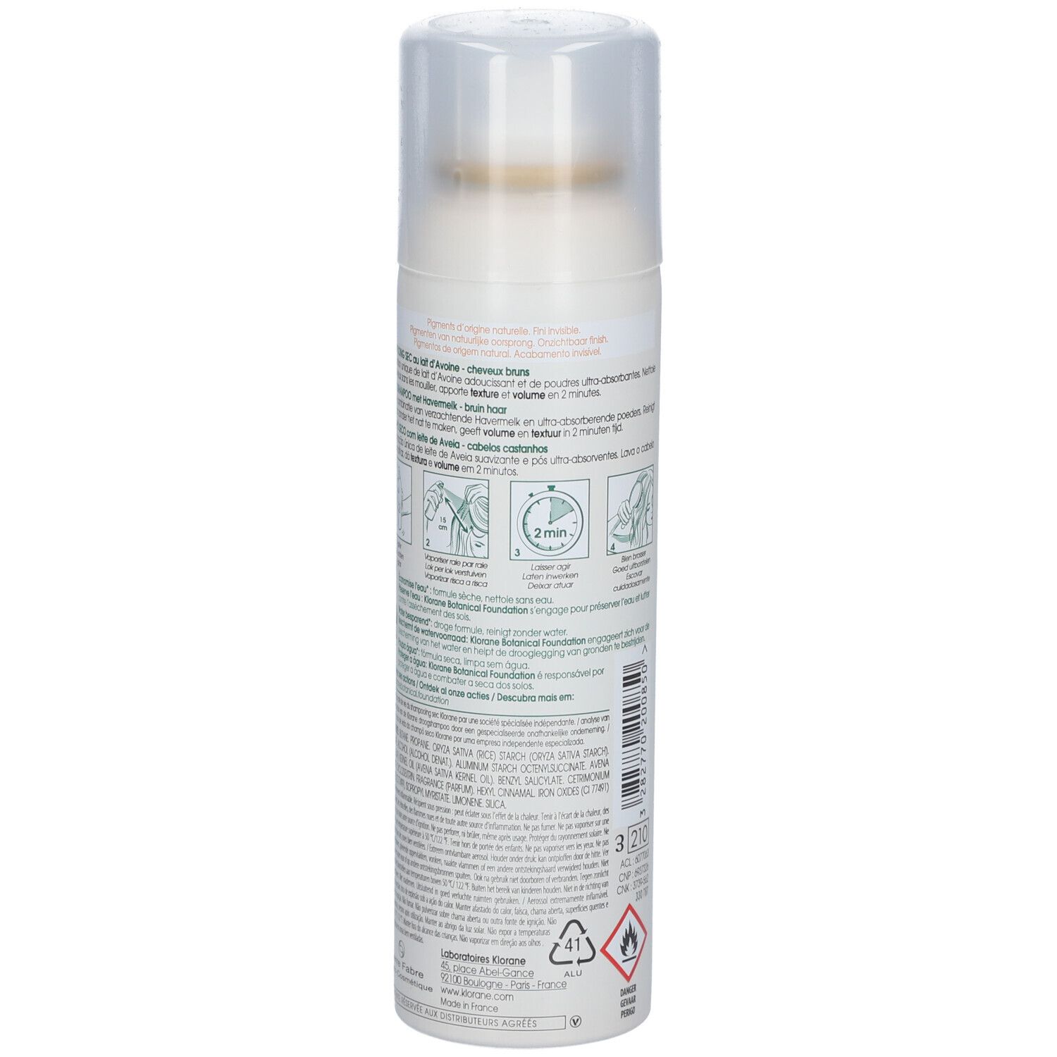 Klorane Shampooing sec teinté au lait d'Avoine Cheveux bruns