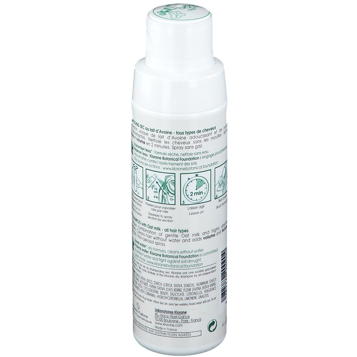 Dos du flacon de shampooing sec KLORANE. Texte multilingue. Illustrations.