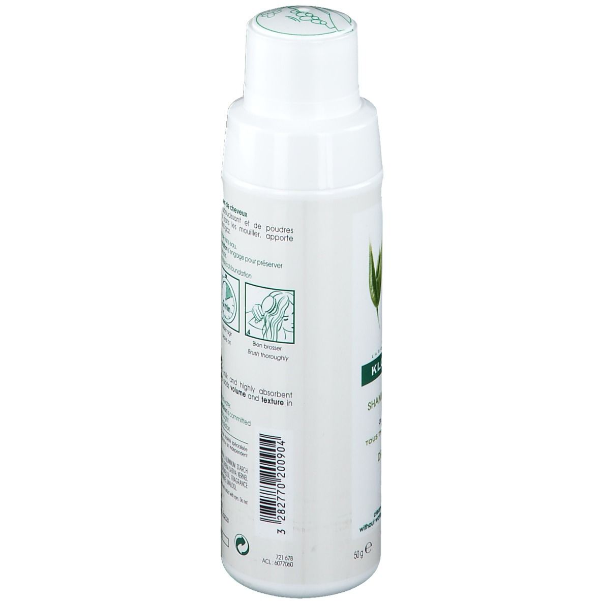 Dos du flacon de shampooing sec KLORANE. Texte multilingue. Illustrations.