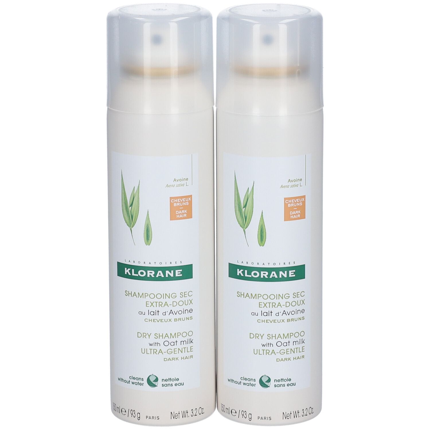 Deux flacons de shampooing sec à l'avoine. Bouteilles blanches avec vaporisateur et étiquette. Inscription : KLORANE, shampooing sec.
