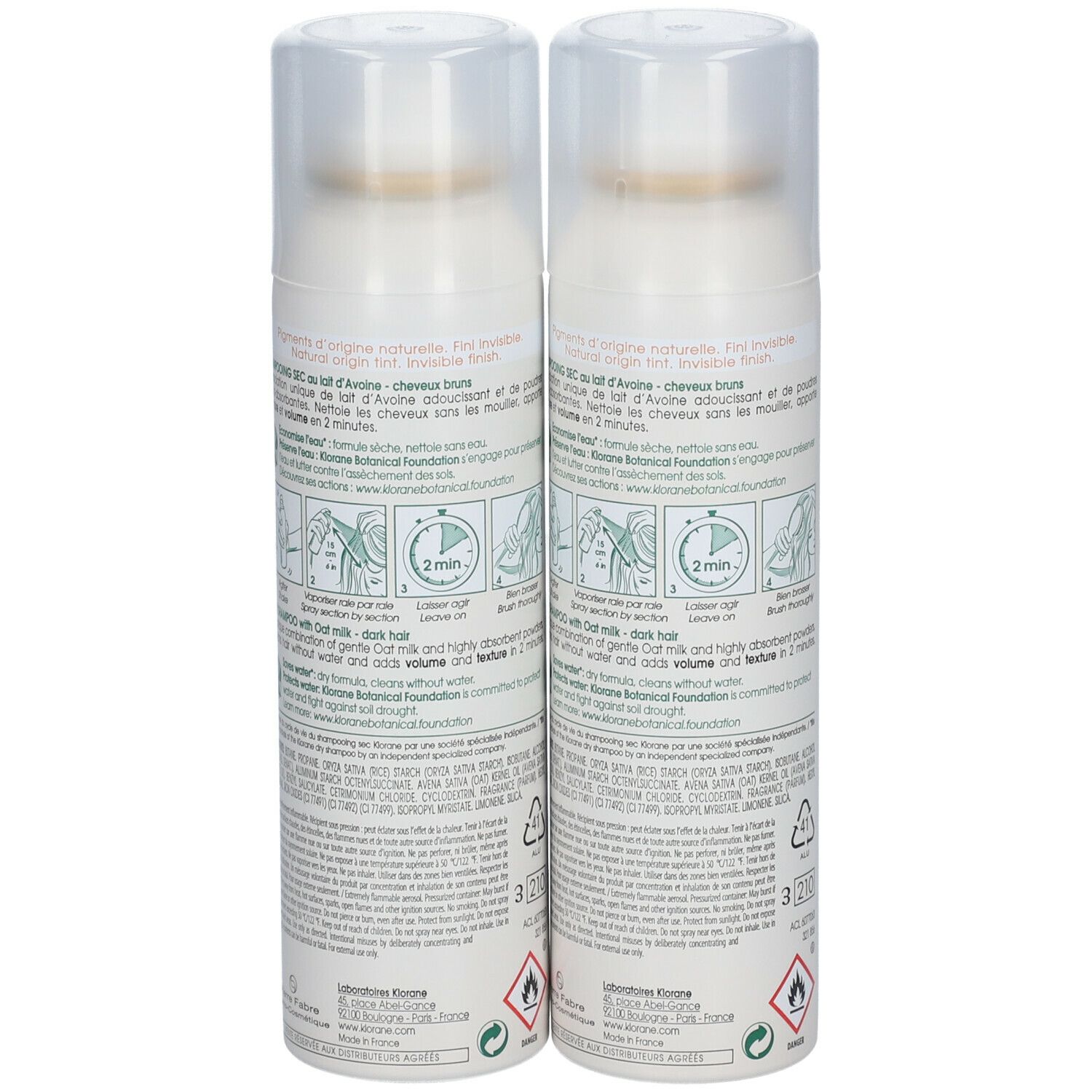 Deux flacons de shampooing sec à l'avoine. Bouteilles blanches avec vaporisateur et étiquette. Inscription : KLORANE, shampooing sec. Dos avec texte.