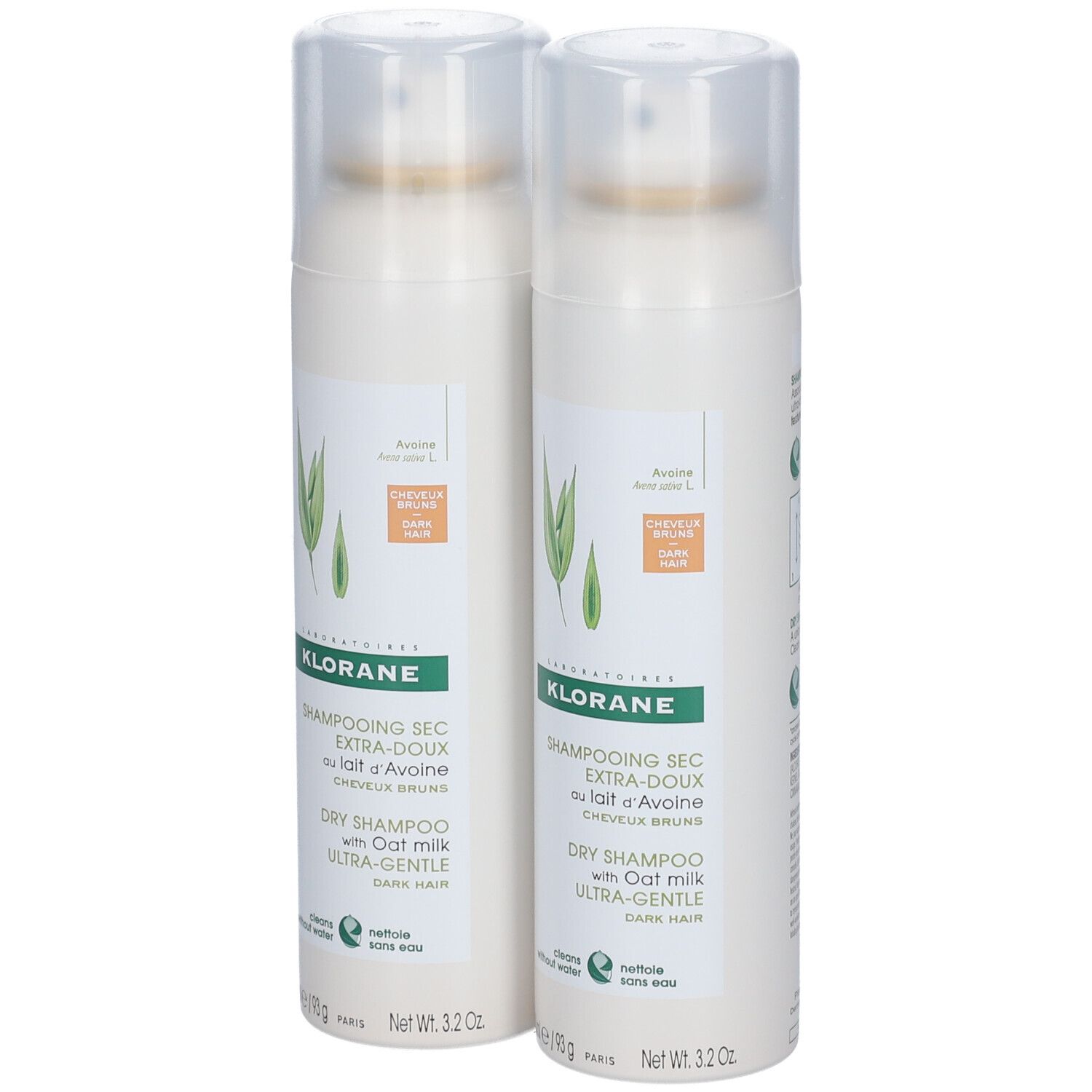 Deux flacons de shampooing sec à l'avoine. Bouteilles blanches avec vaporisateur et étiquette. Inscription : KLORANE, shampooing sec.