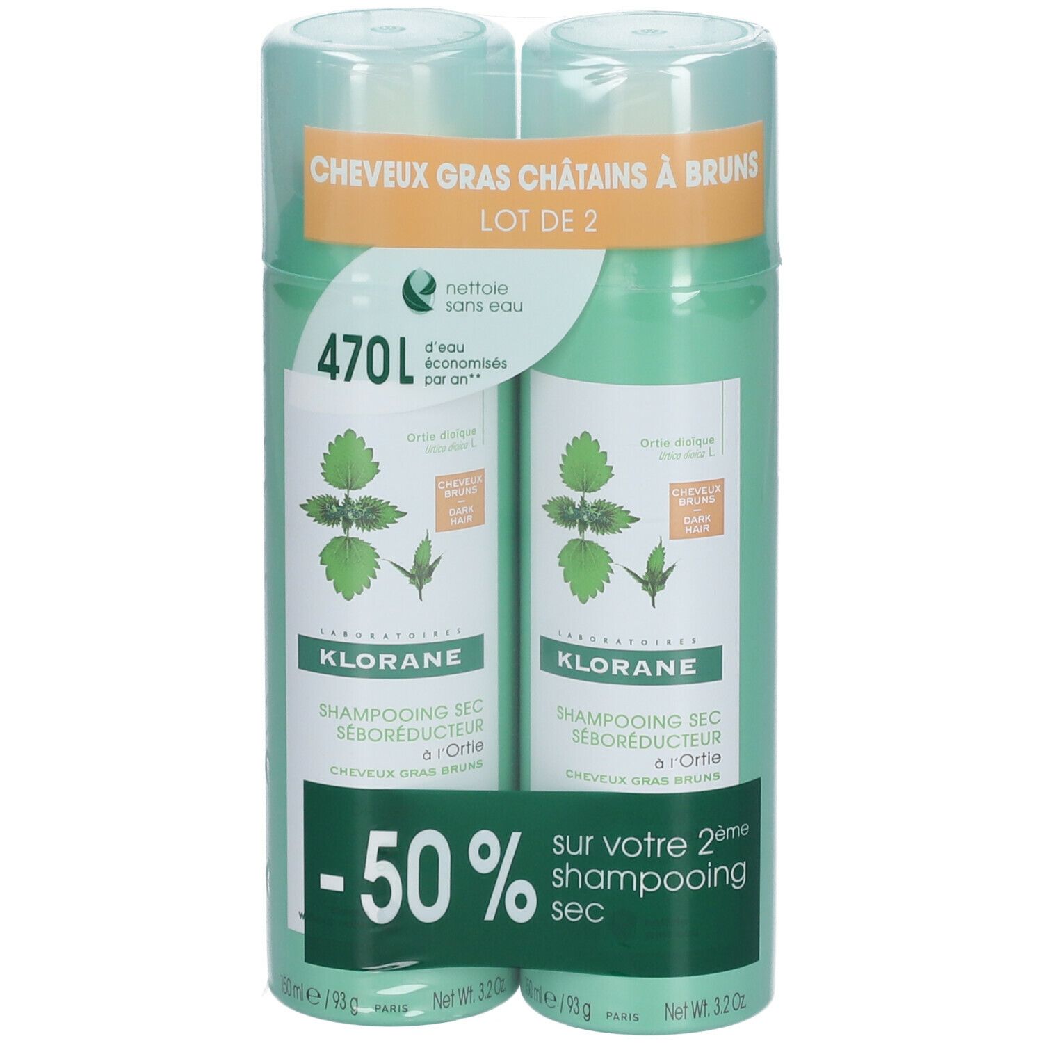 Deux flacons verts en emballage plastique. Inscription: KLORANE, shampooing sec à l'ortie, -50% sur le deuxième produit.