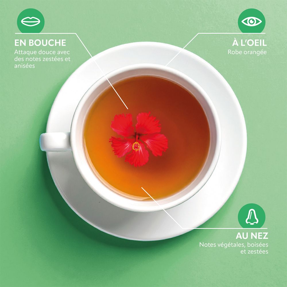 Tasse de thé. Fleur rouge dans le thé. Descriptions : bouche, œil, nez. Notes zestées.