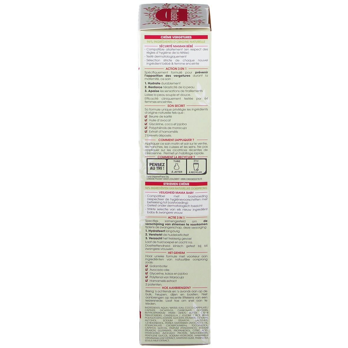 Dos de la boîte. Texte multilingue. Marque Mustela.